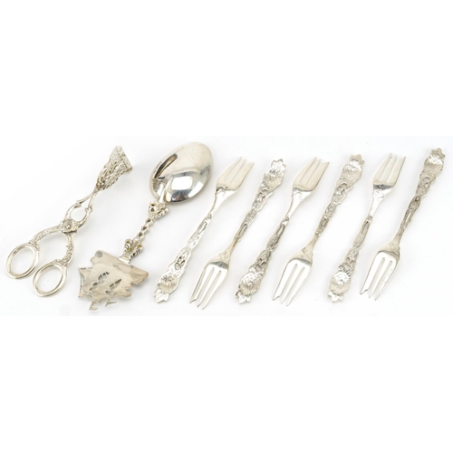 230 - Silver flatware comprising a large Cutty Sark spoon, German silver pastry tongs and a set of six Ger... 