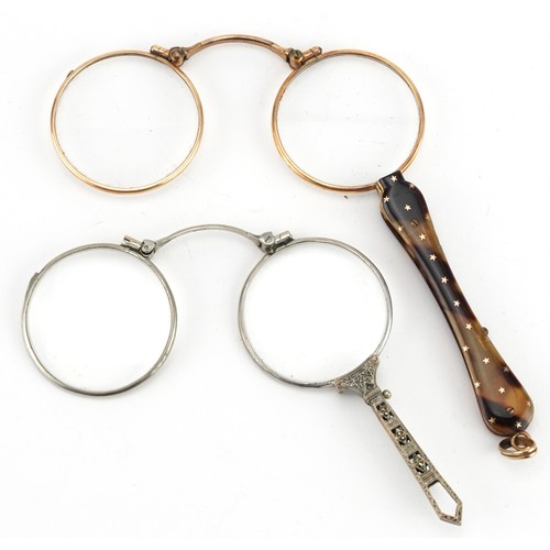 432 - Pair of tortoiseshell style gilt metal lorgnettes together with a pair of silver metal marcasite lor... 