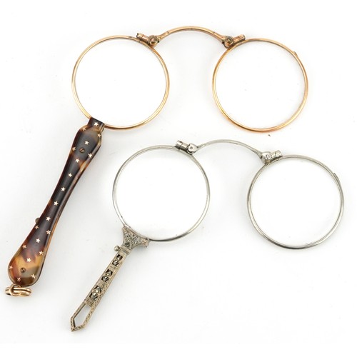 432 - Pair of tortoiseshell style gilt metal lorgnettes together with a pair of silver metal marcasite lor... 