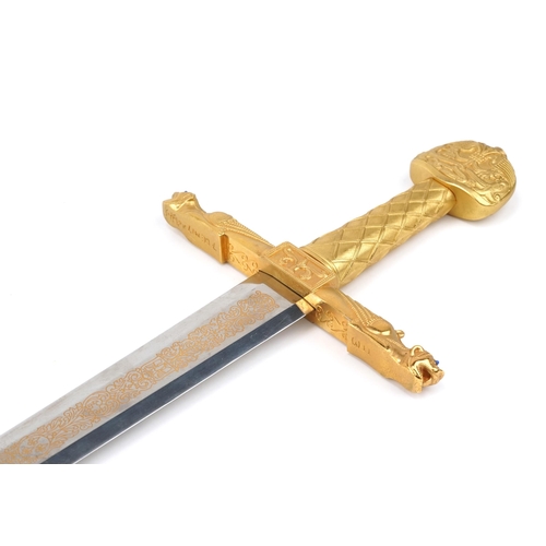 2507 - Decorative Sword of Charlemagne with gilt handle mounted on an oak back, overall 112cm in length