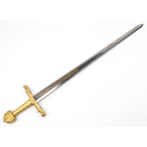 2507 - Decorative Sword of Charlemagne with gilt handle mounted on an oak back, overall 112cm in length