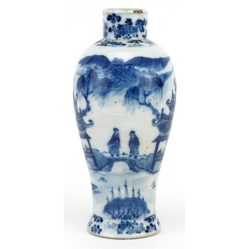 410 - Chinese blue and white porcelain baluster vase hand painted with figures crossing a bridge beside pa... 