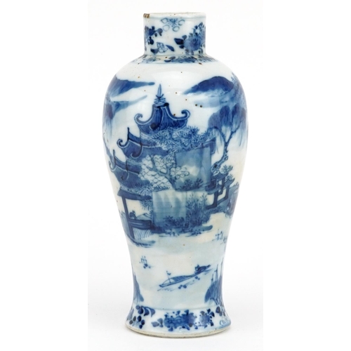 410 - Chinese blue and white porcelain baluster vase hand painted with figures crossing a bridge beside pa... 