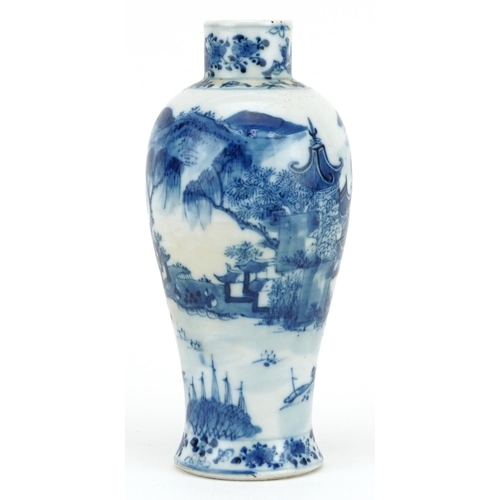 410 - Chinese blue and white porcelain baluster vase hand painted with figures crossing a bridge beside pa... 