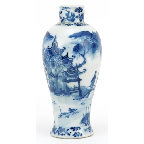 410 - Chinese blue and white porcelain baluster vase hand painted with figures crossing a bridge beside pa... 