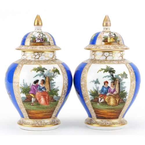 280 - Augustus Rex, pair of German porcelain baluster vases and covers hand painted with panels of lovers ... 