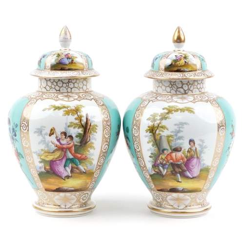 279 - Augustus Rex, large pair of German porcelain baluster vases and covers hand painted with panels of l... 