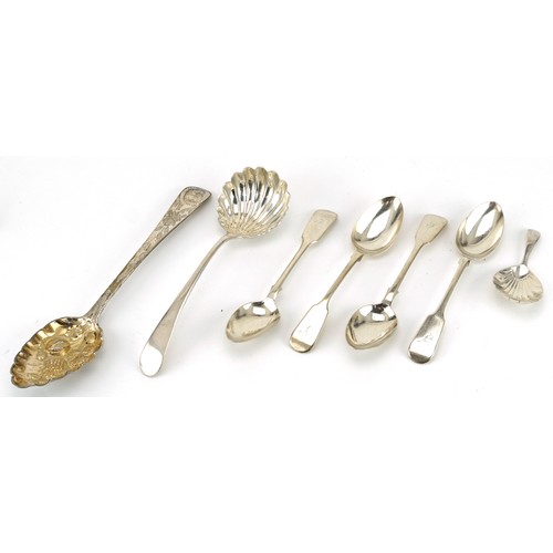 335 - Georgian and later silver spoons including berry spoon, caddy spoon and set of four teaspoons, vario... 