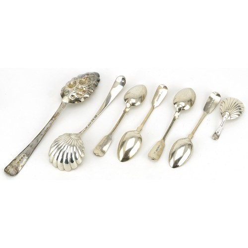 335 - Georgian and later silver spoons including berry spoon, caddy spoon and set of four teaspoons, vario... 