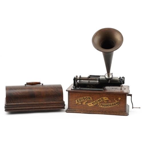 130 - Thomas Edison, 19th century oak cased Edison Home Phonograph with tin horn, numbered 154973, 30cm H ... 