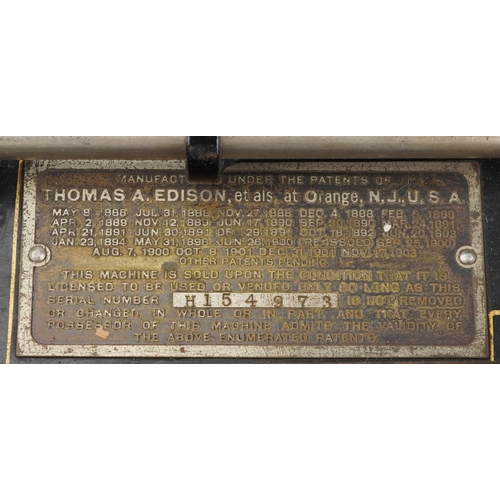 130 - Thomas Edison, 19th century oak cased Edison Home Phonograph with tin horn, numbered 154973, 30cm H ... 
