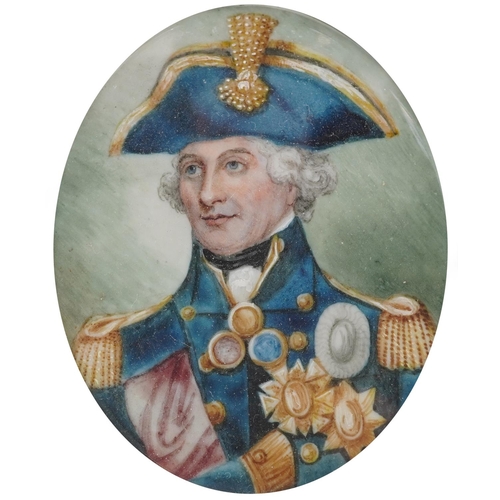 150 - Naval interest oval hand painted portrait miniature of Lord Nelson, mounted and framed, 7.5cm x 6cm ... 