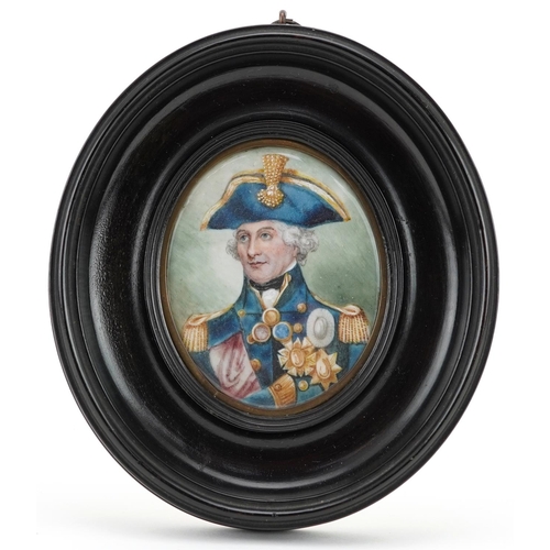 150 - Naval interest oval hand painted portrait miniature of Lord Nelson, mounted and framed, 7.5cm x 6cm ... 