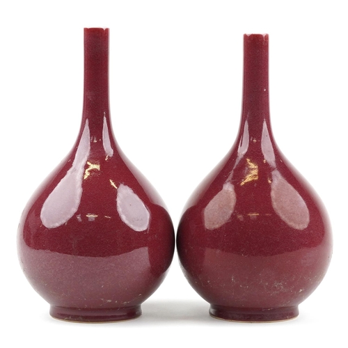 528 - Pair of Chinese porcelain long neck bottle vases having sang de boeuf glazes, each 34cm high