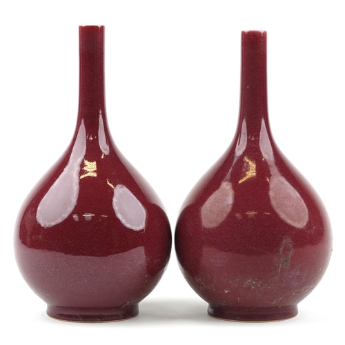 528 - Pair of Chinese porcelain long neck bottle vases having sang de boeuf glazes, each 34cm high