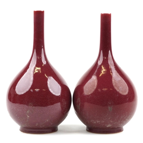 528 - Pair of Chinese porcelain long neck bottle vases having sang de boeuf glazes, each 34cm high