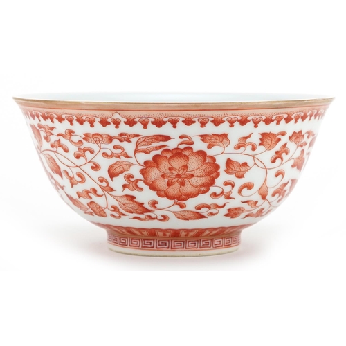 477 - Chinese porcelain bowl finely hand painted in iron red with flower heads amongst scrolling foliage a... 