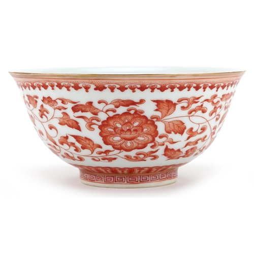 477 - Chinese porcelain bowl finely hand painted in iron red with flower heads amongst scrolling foliage a... 