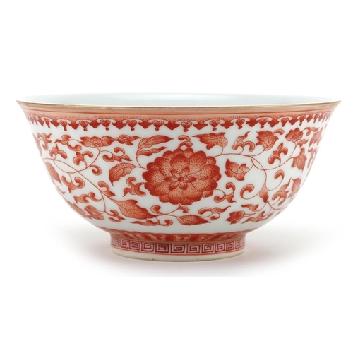 477 - Chinese porcelain bowl finely hand painted in iron red with flower heads amongst scrolling foliage a... 