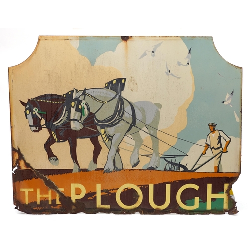 77 - Vintage The Plough enamel advertising sign with workhorses, 106cm x 83.5cm