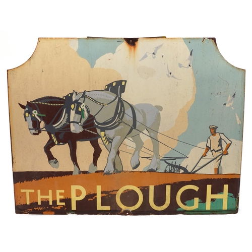 78 - Vintage The Plough enamel advertising sign with workhorses, 106cm x 83.5cm