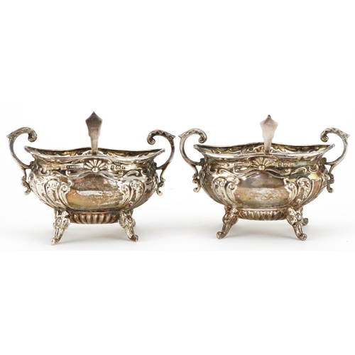 400 - Johnson, Durban & Co Ltd, pair of Edwardian silver open table salts with twin handles and matched si... 