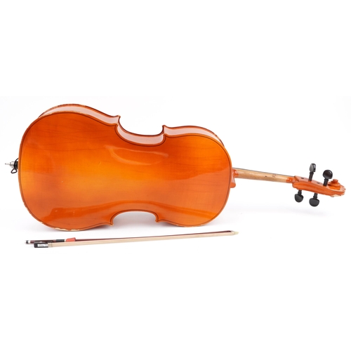 Wooden half size cello with protective case, the back 26.5 inches in length