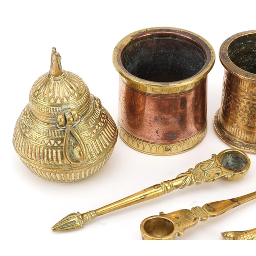 238 - 18th/19th and 20th century Indian metalware including three anointing spoons, Panch Patra holy water... 