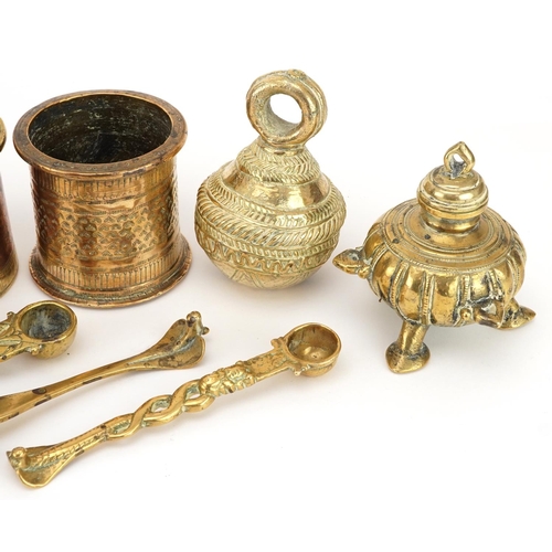 238 - 18th/19th and 20th century Indian metalware including three anointing spoons, Panch Patra holy water... 