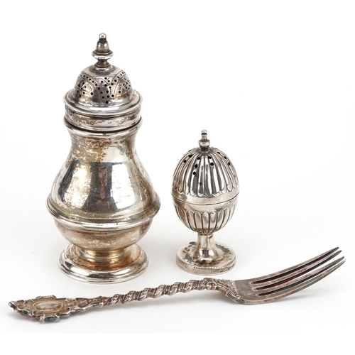 333 - Victorian silver comprising baluster shaped caster, miniature egg shape caster and fork, the largest... 