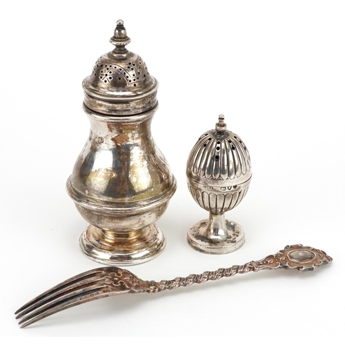 333 - Victorian silver comprising baluster shaped caster, miniature egg shape caster and fork, the largest... 