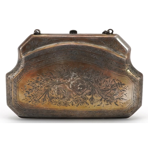 58 - 19th century heavy unmarked silver concertina purse profusely engraved with foliage, tests as silver... 