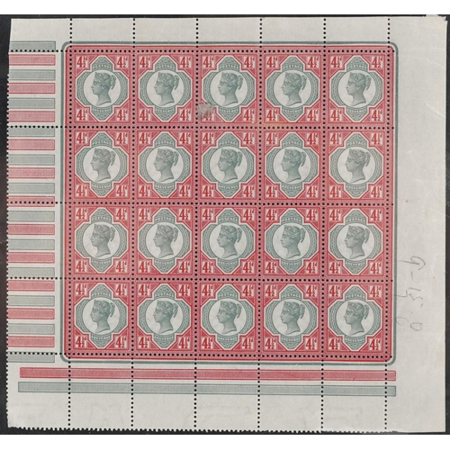 Full pane of twenty 1892 four and a half pence jubilee mint stamps, SG206 with full margins on Elstree Stamps page