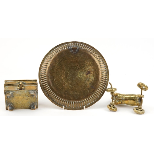 239 - 18th/19th century Southern Indian metalware including brass jewellery casket and a temple horse, the... 