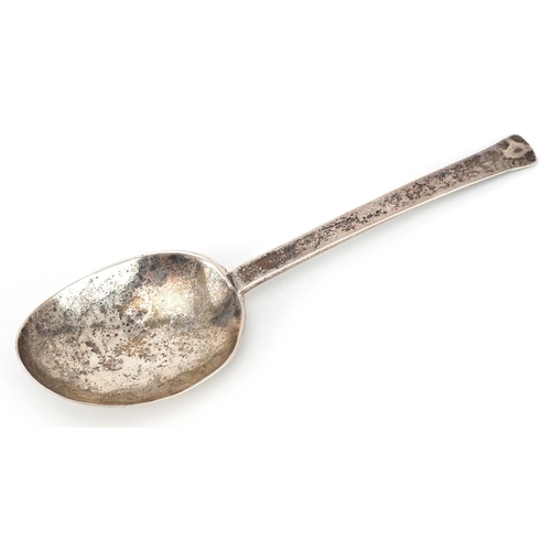 126 - 17th century silver triffid spoon with cast foliate decoration to the bowl, indistinct hallmarks, po... 