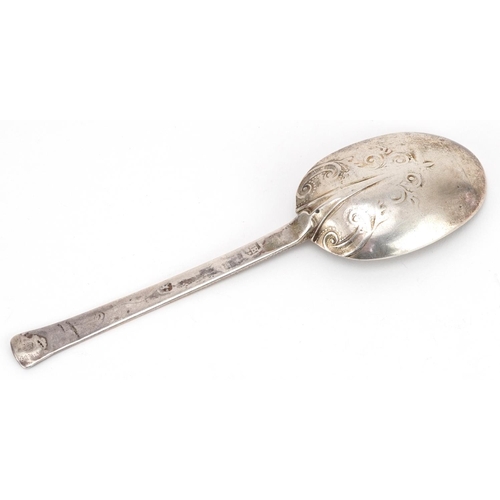 126 - 17th century silver triffid spoon with cast foliate decoration to the bowl, indistinct hallmarks, po... 