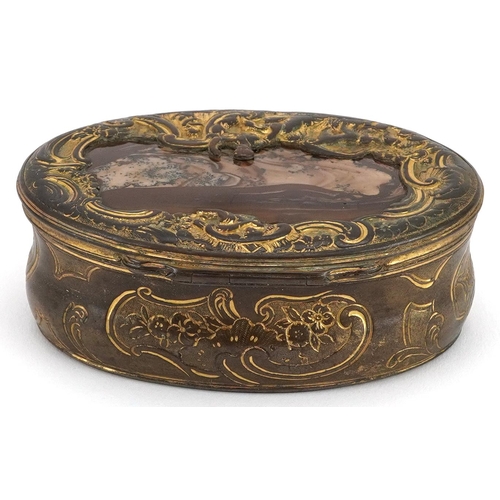 72 - 18th century gilt metal snuff box with inset hardstone lid engraved Mary Hall 1777 to the base, 8.5c... 