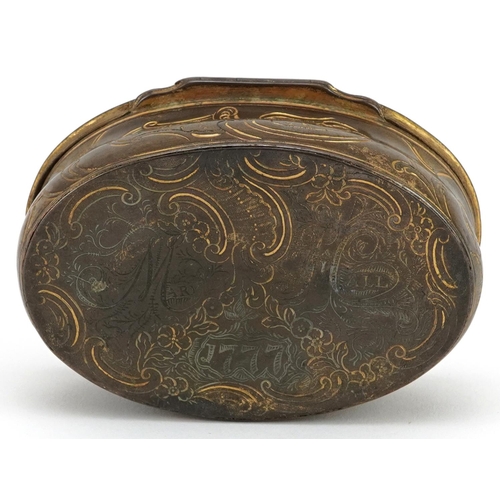 72 - 18th century gilt metal snuff box with inset hardstone lid engraved Mary Hall 1777 to the base, 8.5c... 