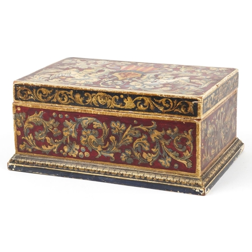 140 - Antique pine table casket hand painted with gryphons and heraldic shield, 14cm H x 29.5cm W x 19cm D