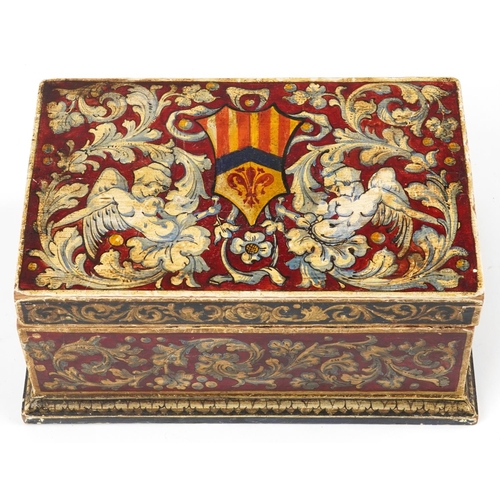 140 - Antique pine table casket hand painted with gryphons and heraldic shield, 14cm H x 29.5cm W x 19cm D