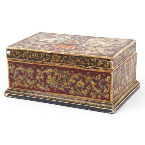 140 - Antique pine table casket hand painted with gryphons and heraldic shield, 14cm H x 29.5cm W x 19cm D