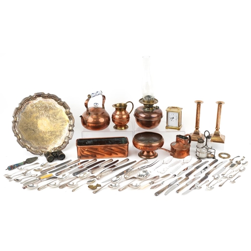 2358 - Metalware and sundry items including pair of 18th century turned candlesticks, brass cased carriage ... 