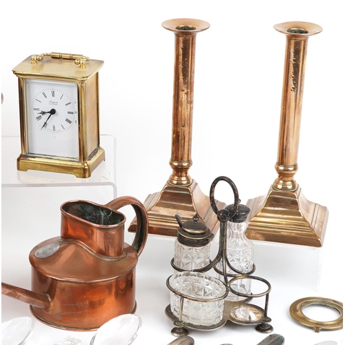 2358 - Metalware and sundry items including pair of 18th century turned candlesticks, brass cased carriage ... 