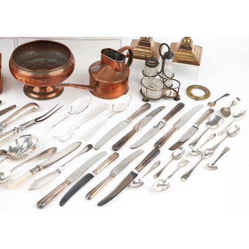 2358 - Metalware and sundry items including pair of 18th century turned candlesticks, brass cased carriage ... 