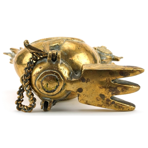 240 - 18th/19th century Indian brass hanging oil lamp in the form of a bird, overall 51.5cm high