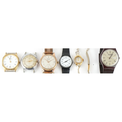 3960 - Six vintage and later ladies and gentlemen's wristwatches including Swatch, Mudu, Rotary and Montine