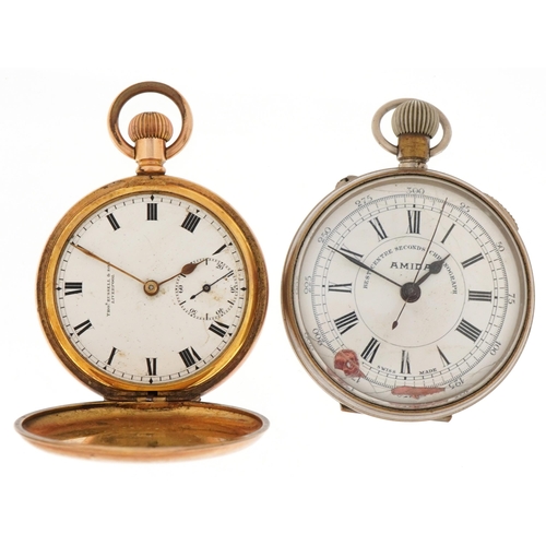 3932 - Vintage gentlemen's Thomas Russell gold plated full hunter pocket watch and an Omega Amida chronogra... 