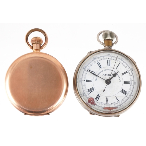 3932 - Vintage gentlemen's Thomas Russell gold plated full hunter pocket watch and an Omega Amida chronogra... 