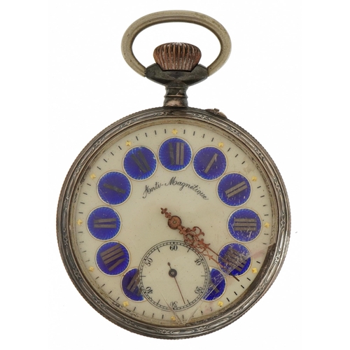 3942 - Railway interest gentlemen's unmarked silver open face pocket watch with enamelled dial, the case en... 