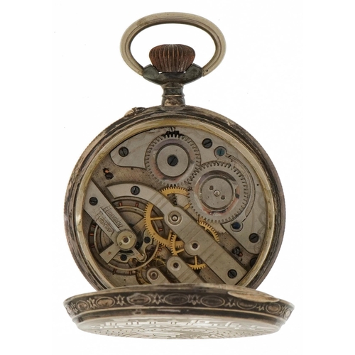 3942 - Railway interest gentlemen's unmarked silver open face pocket watch with enamelled dial, the case en... 